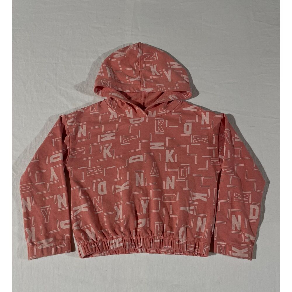 DKNY Girls Size 5 Coral Pink Logo Print Hoodie Cropped Pullover Sweatshirt